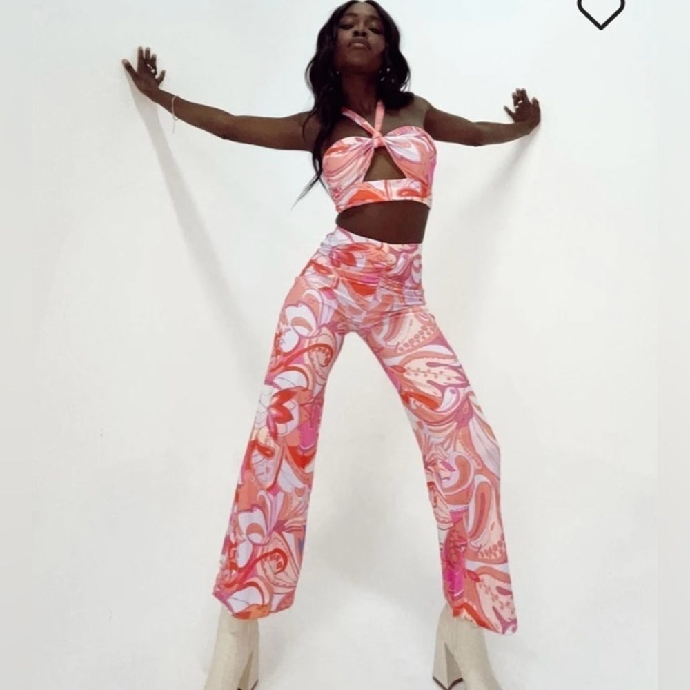Princess Polly orange & lavender psychedelic pattern set flared pants & bandeau